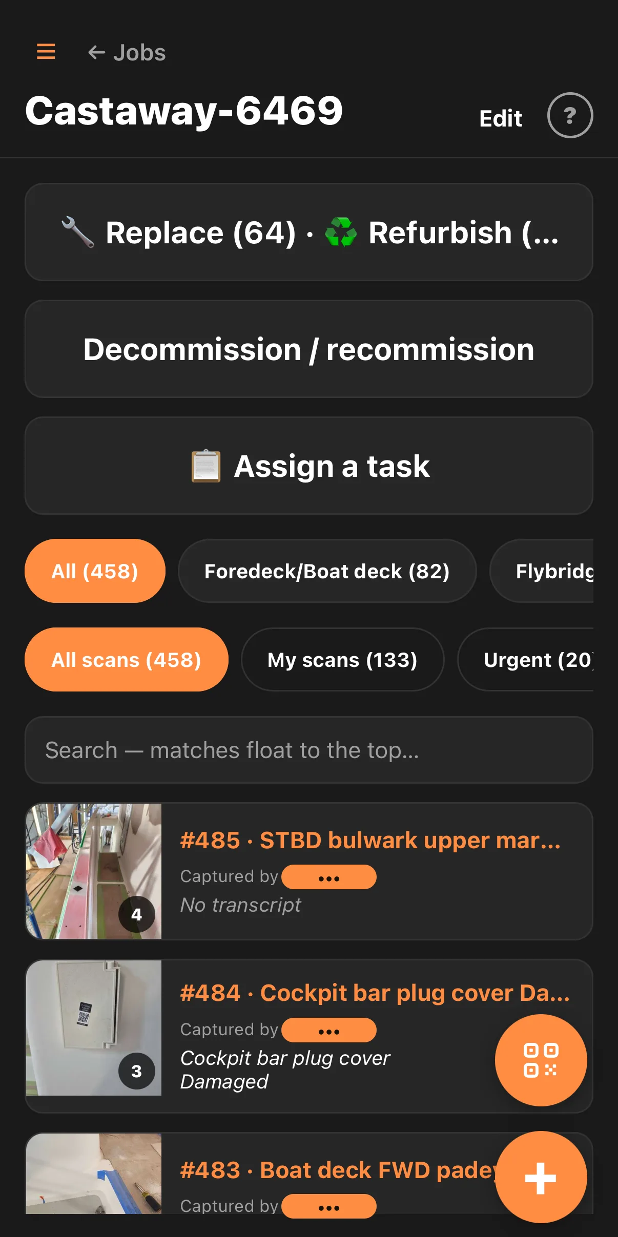 A ReFitIQ boat file mid-refit for Castaway-6469: 64 parts flagged to replace, 458 captures, 82 of them on the foredeck, with areas for flybridge and the rest of the vessel.
