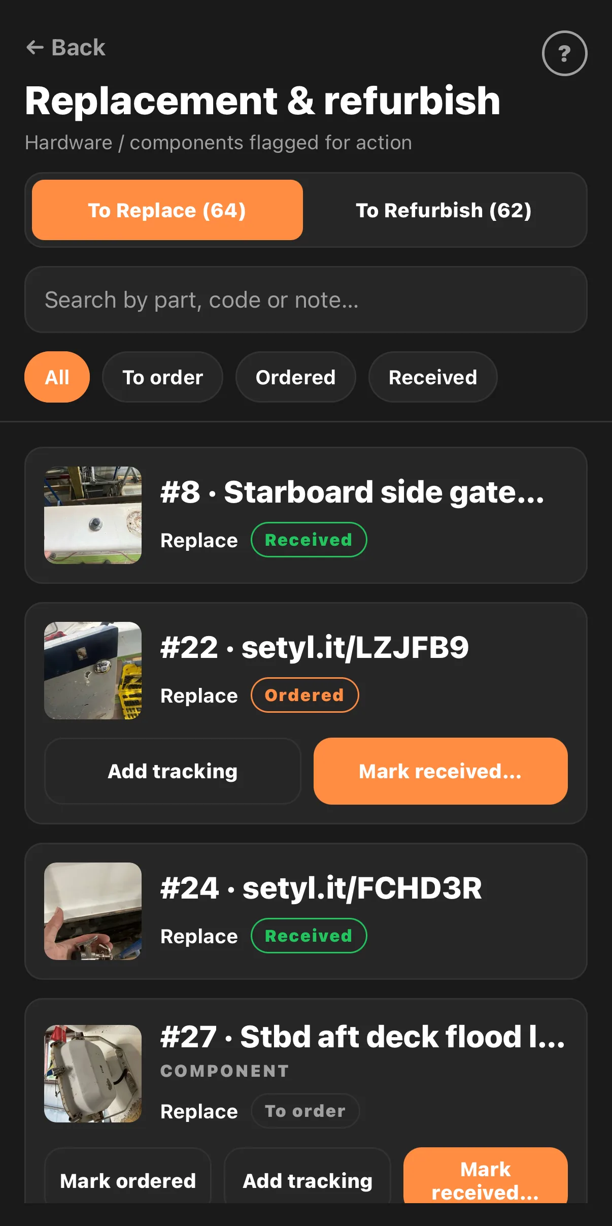 The ReFitIQ replacement list: To Replace (64), To Refurbish (62), filtered by to order, ordered and received, with Add tracking and Mark received on each row.